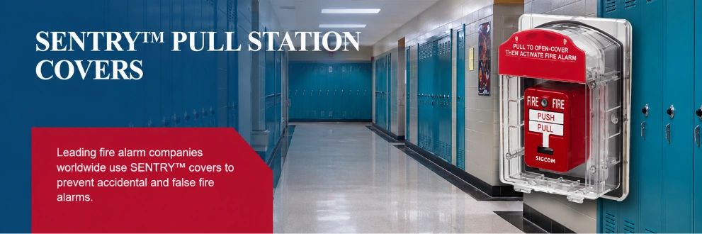 SENTRY™ Pull Station Covers — fire alarm pull station with protective cover in school hallway